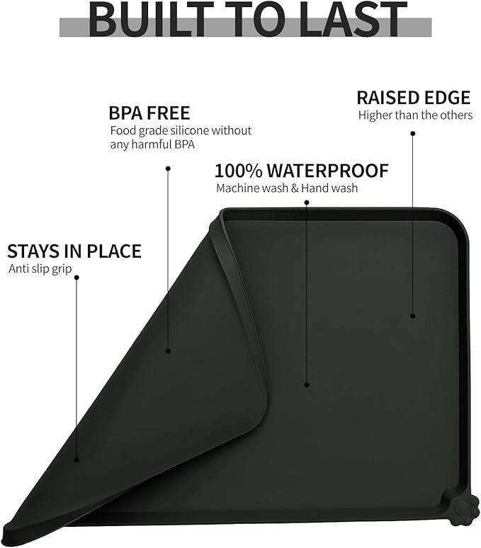 Waterproof Pet Feeding Mat with High Raised Edges, Heavier and Thicker Placemats for Cat Dog Water Bowl with BPA Free, Dogs Cats Food Mats for Messy Drinkers to Prevent Spill and Protect Floors-Mewly Pet