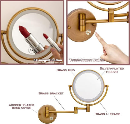 Hardwired Bathroom Wall Mounted Makeup Mirror with Lights and Magnification, 1X/5X Double-Sided for Exquisite Make-up, Extendable Adjustable Angle, No Bending Over Design, Antique Brass