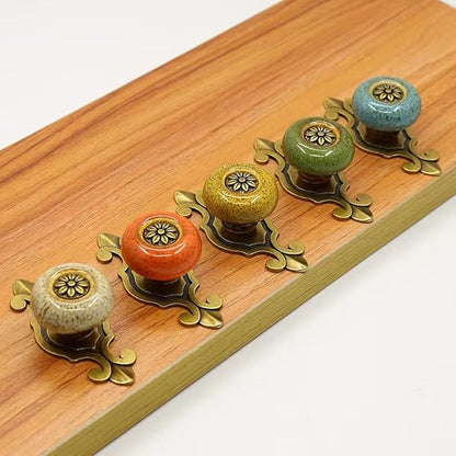 10 Pack Retro Ceramic Knobs,Vintage Dresser Kitchen Petal Cabinet Pulls Rustic Zinc Alloy Base Back Plate Kid Cupboard Wardrobe Drawer Door Handles (Leopard Print Green)