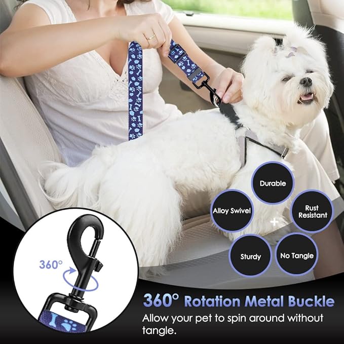 SlowTon Dog Seat Belt, Adjustable Dog Safety Belt Leash, 2 in 1 Latch Bar Attachment Dogs Car Seatbelt with Elastic Nylon Bungee Buffer, Reflective Nylon Belt Tether Connect (BL Dog Paw)-Mewly Pet