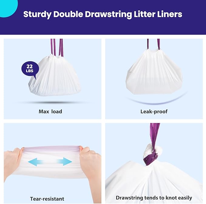 24 Count Litter Box Liners, Waste Bags Compatible with Pet-safe ScoopFree Self-Cleaning Litter Box Tray Refills, Drawstring Litter Bags for Reusable Tray, Pre-Separated (38"L x 14.5"W x 7.8"H)-Mewly Pet