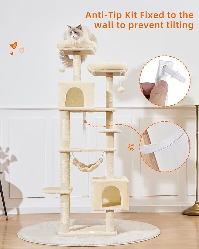 Taoqimiao Cat Tree, 68-Inch Cat Tree Cat Tower for Indoor Cats, Plush Multi-Level Cat Condo with 6 Scratching Posts, 2 Perches, 2 Caves,Hammock, 3 Pompoms,MS020SM Beige-Mewly Pet