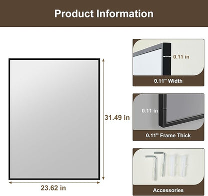 24" x 32" Black Metal Framed Bathroom Mirror - Rounded Rectangle Matte Black Vanity Mirror, Anti-Rust Tempered Glass, Farmhouse Style Wall Mirror, Horizontal/Vertical Hanging