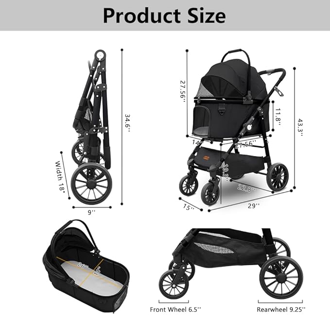 Dog Cat Stroller, Foldable 4 Wheels Dog Stroller for Small Medium Dogs 20 lbs,Pet Strollers for Large Dogs 50lbs, Stable Anti-Shock Detachble Carrier,with 360°Swiveling Front Wheel forTravel-Mewly Pet