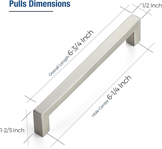 JOY DECOR 12 Pack Cabinet Handles, Brushed Nickel Cabinet Pulls, 6-1/4 Inch Kitchen Closet Handles Square Drawer Pulls Stainless Steel Drawer Hardware, 160mm Hole Centers