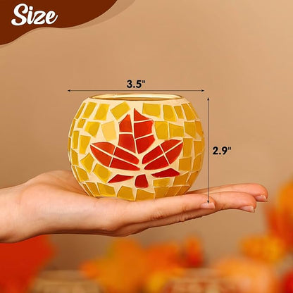 Nefelibata Fall Candle Holder Set of 3 Mosaic Maple Leave Sunflower Tealight Holder Pumpkin Glass Thanksgiving Votive Candle Holder Thanksgiving Party Dinner Table Centerpieces (No Candle Included)