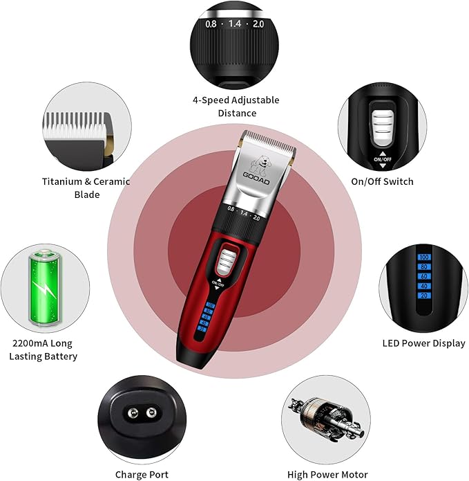 Cat Clippers for Matted Hair, Cat Grooming Kit, Cordless Cat Shaver for Long Hair, Low Noise Paw Trimmer, Cat Hair Trimmer for Grooming,Quiet Pet Hair Clippers Tools for Cats Dogs (Red)-Mewly Pet