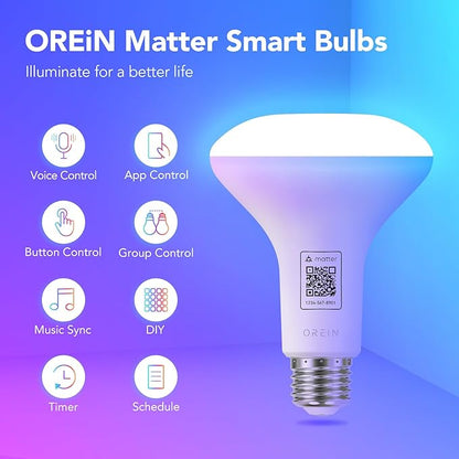 OREiN Matter Smart Light Bulb, BR30 Smart Bulbs with Remote 650LM 60W, Recessed Color Changing Bulbs RGBTW, Smart Flood Light Bulb Compatible with Alexa, Apple Home, Google Home, SmartThings, 4Pack