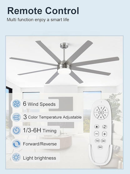 YUHAO 72 Inch Brushed Nickel Ceiling Fan with Light and Remote Control.Noiseless,Dimmable,3CCT,6 Speeds Reversible, DC Ceiling Fans for Indoor or Covered Outdoor