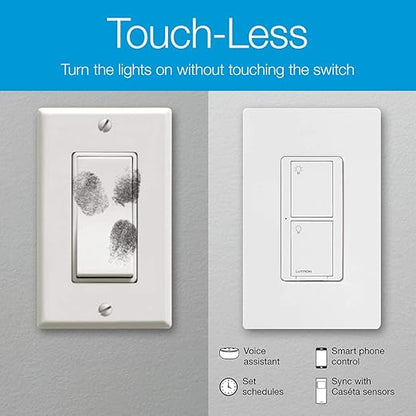 Lutron Caseta Original Smart Switch (Lutron Smart Hub Required), for LED Lights and Fans, 6 Amp, Single-Pole/3-Way, Neutral Required, PD-6ANS-WH-2, White, 2 Pack