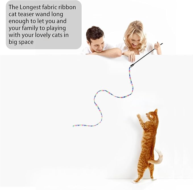 Cat Wand Toys Interactive Kitten Toys Cat Teaser Wand String Feather for Indoor Colorful Ribbon Wands Stick Toy Cat Charmer-3 Packs-Mewly Pet