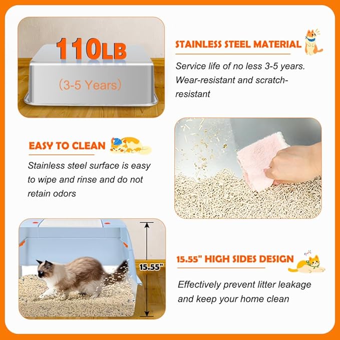 Vivifying Stainless Steel Litter Box with Lid, XL Side Entry Extra Large Litter Box for Big Cats & Kitty, Removable Enclosed Metal Cat Pan with High Sided Enclosure, Scoop, Mat, Footboard (Blue)-Mewly Pet