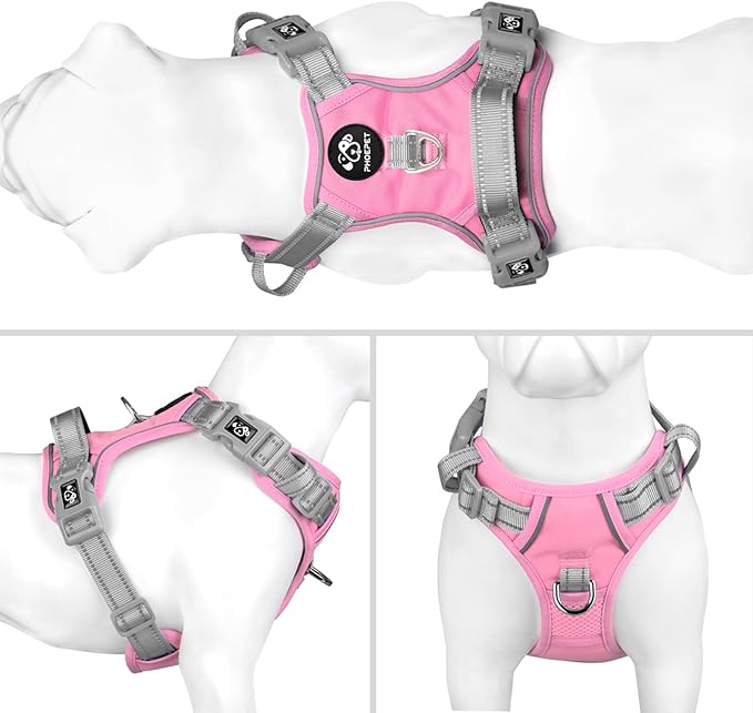 PHOEPET No Pull Dog Harness, Unique Colors Reflective Adjustable Dog Vest, with Soft Training Handle Metal Clips for Small Medium Large Dogs (Baby Pink Base & Grey Straps,S)-Mewly Pet