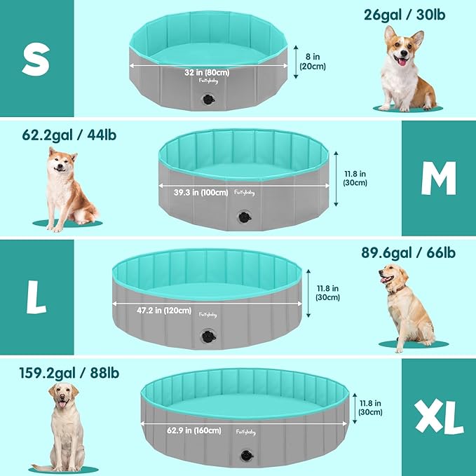 Furrybaby Foldable Dog Pool, Kiddie Pool Hard Plastic, Collapsible Pet Bath Portable Dog Swimming Pool for Pet, Dogs and Cats Grey 32''-Mewly Pet