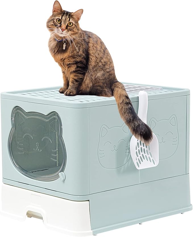 Top Entry Cat Litter Box with Lid, Anti-Splash Foldable Cat Litter Box with Activated Carbon Keeping Air Fresh, Drawer Type Easy to Clean (Green)-Mewly Pet