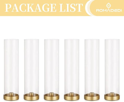 Romadedi Glass Hurricane Candle Holders Gold - 12 Inch Taper Candlestick Holder Bulk Clear Glass Cylinder Table Centerpiece Wedding Decor Party Birthday Christmas Home Decorations, Set of 6