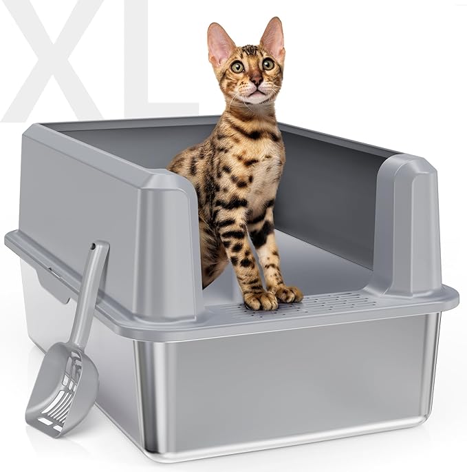 Enclosed Stainless Steel Cat Litter Box with Lid, XL Extra Large Litter Box for Big Cats, Metal Litter Pan High Sided, Never Absorbs Odors, Anti-Urine Leakage, Include Scoop (SH-Light Gray)-Mewly Pet