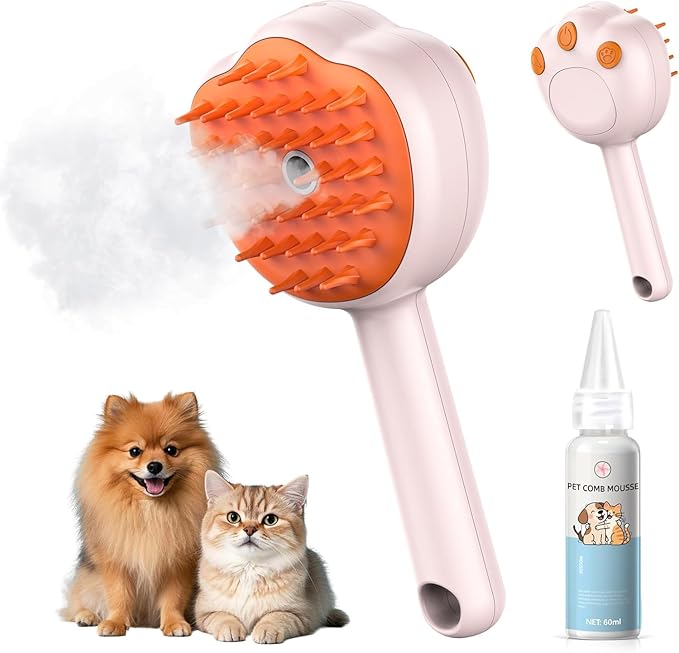 Steam Cat Brush, 6-in-1 Dog Brush Spritz Defur Comb with Pet Waterless Shampoo, Steamy Skin Friendly Deshedding Grooming Tool, Suitable for Shedding & Haired Pets, Pet Supplies Accessories, Pink-Mewly Pet