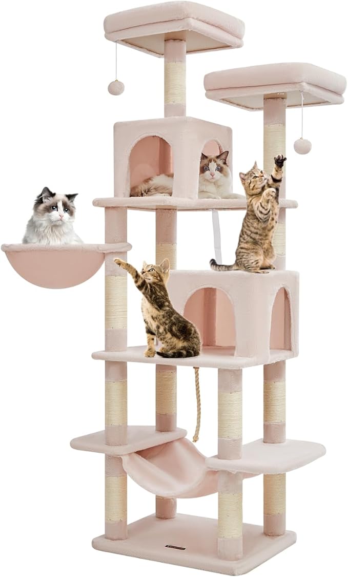 TaoqimiaoCat Tree Cat Tower for Indoor Cats, Plush Multi-Level Cat Condo with 12 Scratching Posts, 2 Perches, 2 Caves, Hammock, 2 Pompoms Jelly Pink-Mewly Pet
