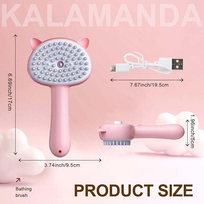 Cat Steam Brush for Shedding, 4 in 1 Steamy Cat Comb with Handle, Rubber Pet Misting Brush with Release Button for Indoor Kittens Small Animals(Pink)-Mewly Pet