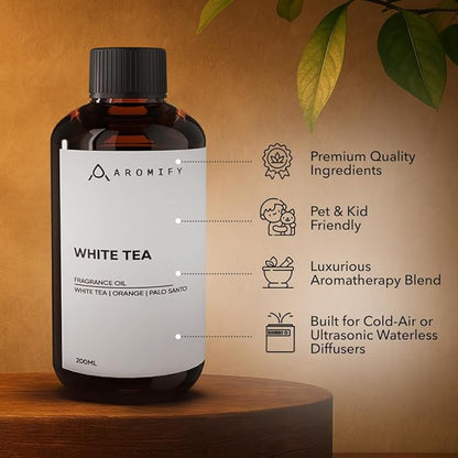White Tea Diffuser Oil, 6.7 FL Oz, 200 mL, Aroma Essential Oil for Scent Diffusers, Luxury Hotel Scent for Home, Bathroom, Spa & Office, Natural White Tea Fragrance Oil, Orange & Palo Santo.