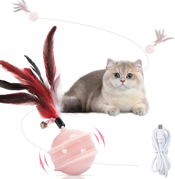 Colurful LED Interactive Cat Feather Toy Ball for Bored Indoor Adult Cats Chase Automatic Moving Ball Rechargeable Self Rolling Automated Tumbler Toy Electric Cat Toy (Pink)-Mewly Pet