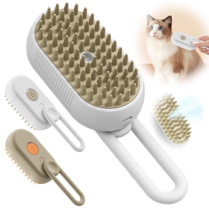 New Cat Steam Brush, 3 in 1 Pet Steam Groomer Brush, Rechargeable Pet Steam Groomer Comb for Massaging and Cleaning Shedding Pets Hair, Multifunctional Hair Removal Comb for Cats Dogs (White)-Mewly Pet