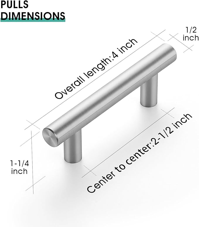 JOY DECOR 10 Pack 2-1/2 Inch Hole Centers Brushed Nickel Kitchen Cabinet Handles, 4 Inch Overall Length Stainless Steel Drawer Pulls for Cupboard, 64mm Hole Centers