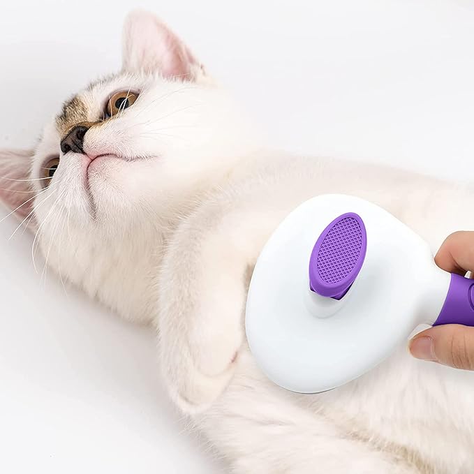 Cat Brush for Shedding, Cat Hair Brush with Release Button for Indoor Cats Dogs Self Cleaning Grooming(Purple)-Mewly Pet