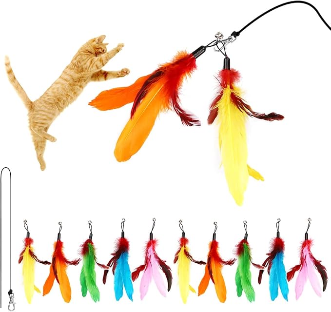 11PCS Cat Feather Toys Refills, 10PCS Feathers and 1PC String, Interactive Cat Wand Toy Replacement for Bored Indoor Adult Cats & Kittens-Mewly Pet