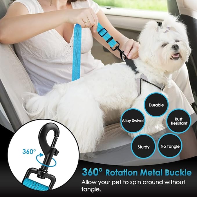 SlowTon Dog Seat Belt, Adjustable Dog Safety Belt Leash, 2 in 1 Latch Bar Attachment Dogs Car Seatbelt with Elastic Nylon Bungee Buffer, Reflective Nylon Belt Tether Connect to Dog Harness (Blue)-Mewly Pet