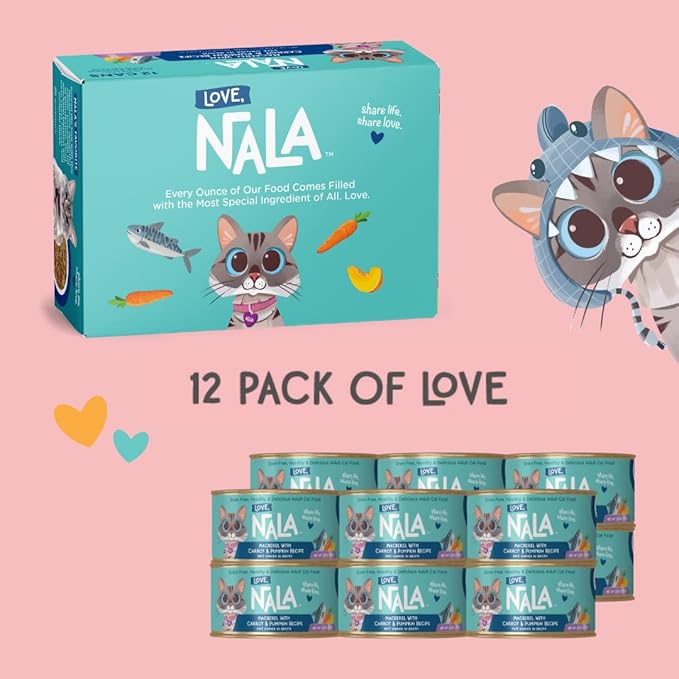 LOVE, NALA - Natural Adult Cat Wet Food - Pate Mackerel with Carrot & Pumpkin Recipe- Grain Free, Non-GMO, Lean Protein, Omega 3, Digestive Fiber Blend, Added Minerals & Vitamins - 12 Pack 2.4 lbs.-Mewly Pet