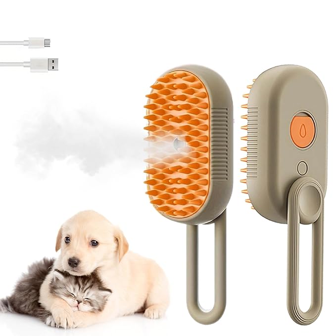 Cat Steam Brush for Shedding, 4 in 1 Cat Steam Brush for Massaging and Cleaning Shedding Pets, Anti Static Pet Hair Cleaning Comb, for Long and Short Hair Cats and Dogs Grooming Tool (Brown)-Mewly Pet