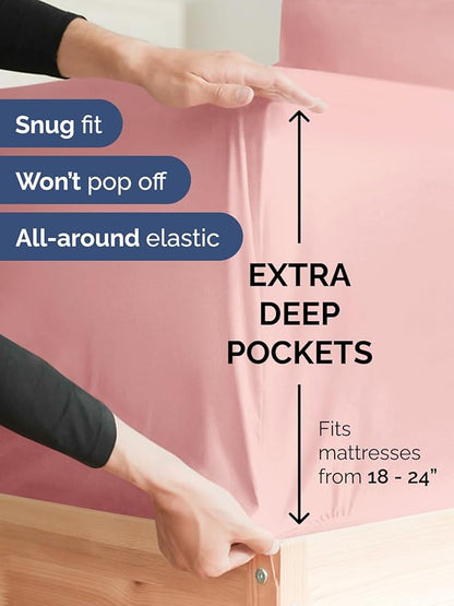 Extra Deep Split King Sheet Set - 7 Piece Breathable and Cooling Sheets - Hotel Luxury Bed Sheets Set - Easy Fit - Soft, Wrinkle Free and Comfy Sheets Set - Baby Pink Sheet Set with Extra Deep Pockets