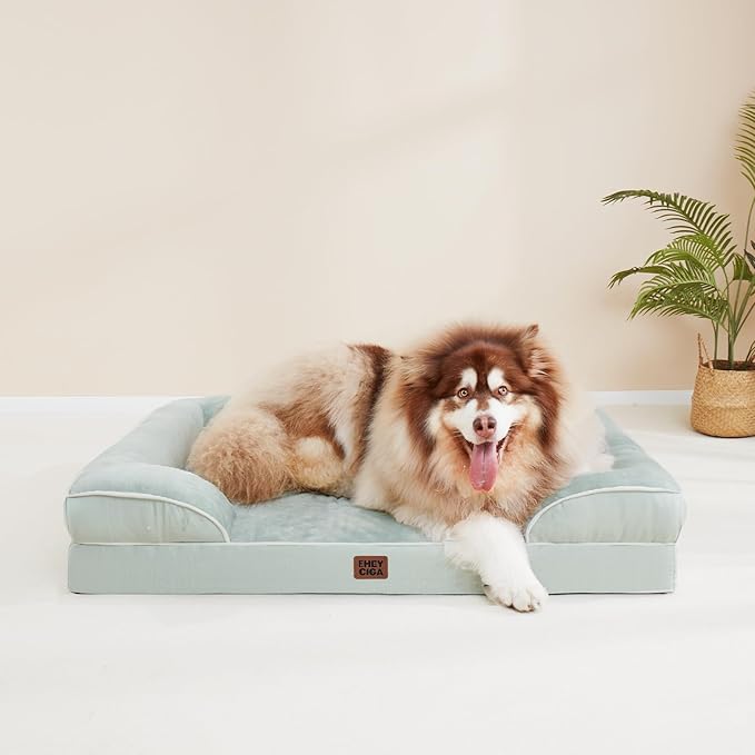 EHEYCIGA Orthopedic XL Dog Beds, Waterproof Memory Foam Dog Bed for Extra Large Dogs, Non-Slip Bottom and Egg-Crate Foam Big Pet Couch Bed with Washable Removable Cover, Sage Green-Mewly Pet