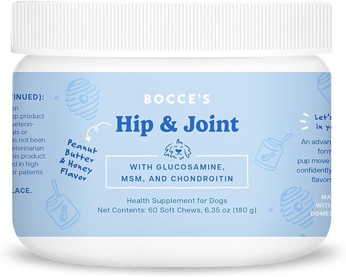 Bocce's Bakery Hip & Joint Supplement for Dogs, Daily Chews Made in The USA with Glucosamine, MSM, and Chondroitin, Supports Healthy Joints, Peanut Butter & Honey, 60 ct-Mewly Pet