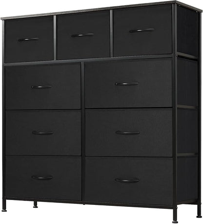 DUMOS Dresser for Bedroom, Storage Organizer with 9 Drawers, Chest of Drawers with Fabric Bins, Sturdy Metal Frame, Wood Tabletop for Guest Room, Closet, Entryway, Nursery