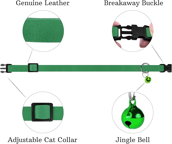 Breakaway Cat Collar Leather with Removable Bell - 13 Colors Available - Soft Adjustable Girl Boy Safety Lightweight Pet Kitten Collars Pink Brown Blue Green Red Orange Black (Green)-Mewly Pet