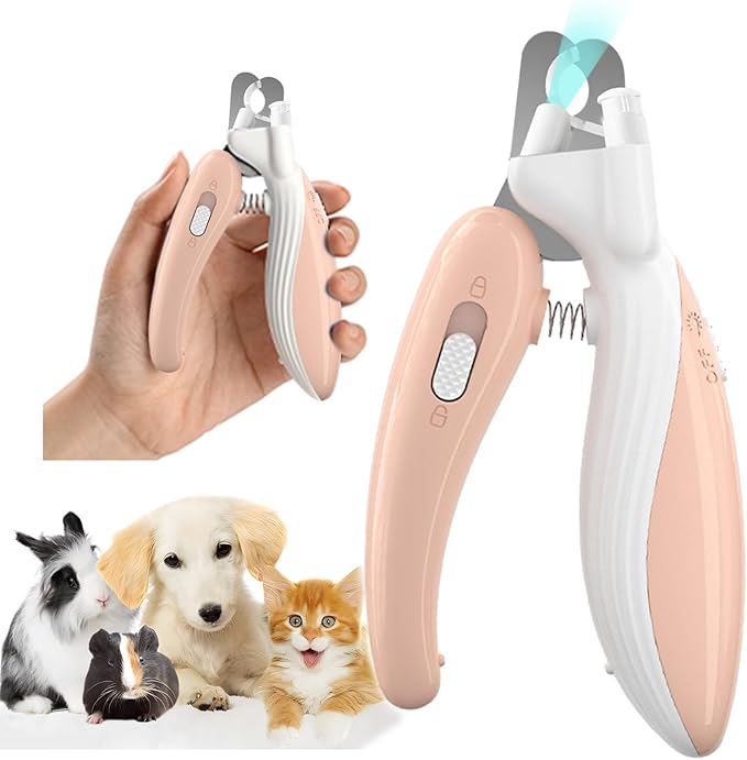 Cat Dog Pet Nail Clippers with Light, Llluminates Cat Dog Nails or Bloodline,Safety Pet Nail Clipper for Dogs, Cats, Rabbits Sharp No Nail Splitting (Pink)-Mewly Pet
