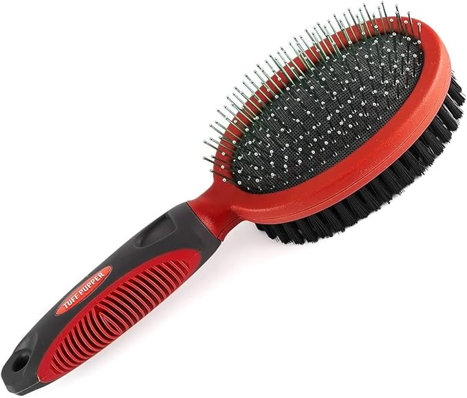 Tuff Pupper Double Sided Dog Brush, Detangling Tool for Dogs and Cats, Pin & Bristle Pet Brush, for and Hair Types, With Comfort-Grip Anti-Slip Handle, Brown, Black, White-Mewly Pet