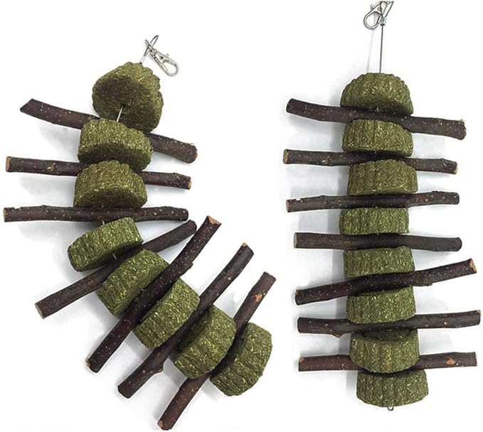 Bunny Chew Toys for Teeth, 2 PCS Organic Apple Wood Molar Sticks with Timothy Hay Circles for Bunny Chinchilla Guinea Pig Hamsters Holland Lop Prairie Dogs Squirrels, Improves Dental Health-Mewly Pet