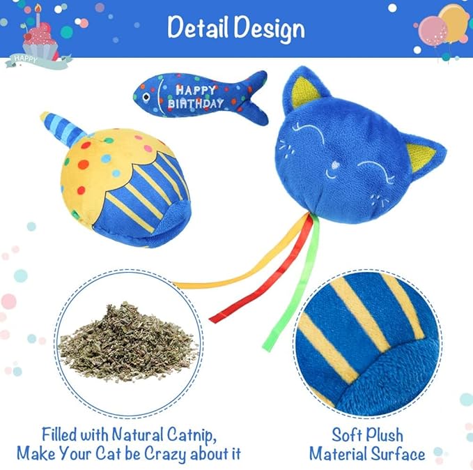 BINGPET Cat Birthday Catnip Toys for Indoor Cats,Cat Birthday Hat,Bandana and Cat Birthday Cake Interactive Plush Kitten Chew Toys,Cute Fish,Balloon Toys with Crinkle Paper and Catnip Inside(Blue)-Mewly Pet