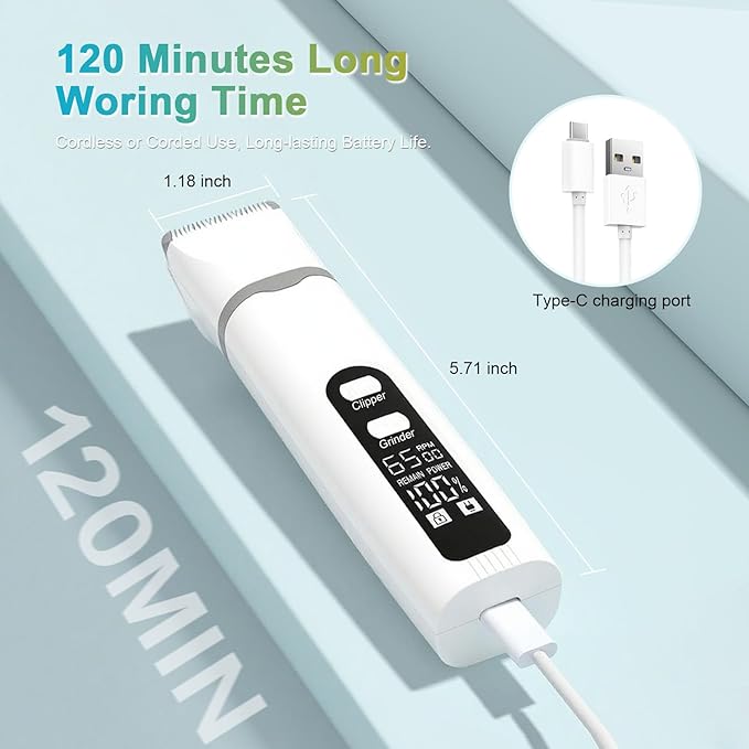 4 in 1 Dog Clippers Grooming Kit with LED Screen, Cordless Quiet Paw Trimmer & Nail Grinder, Rechargeable Waterproof Feet Ear Body Hair Shaver for Cats Dogs Pet Supplies-Mewly Pet