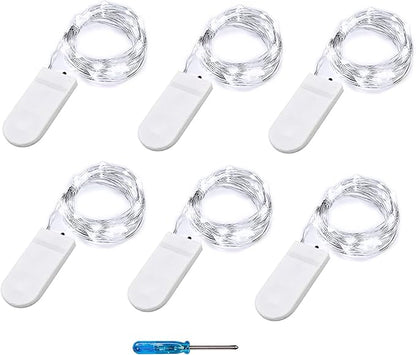 Fairy Lights CR2032 Battery Operated,6.6Ft/2Meter 20 LEDs Micro Silver Wire String Lights for Bedroom Christmas Party Wedding Decoration (Cool White, 6 Pack)