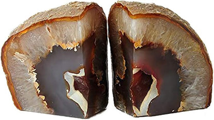 AMOYSTONE Agate Geode Bookends Decorative Crystal Stone Book Ends Heavy Duty Home Office Decor Nature Brown with Rubber Bumpers(1 Pair, 6-8 LBS)