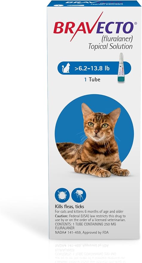 BRAVECTO Topical Solution for Cats, Flea & Tick, 12 Week Supply, >6.2-13.8 lbs., Blue Box-Mewly Pet