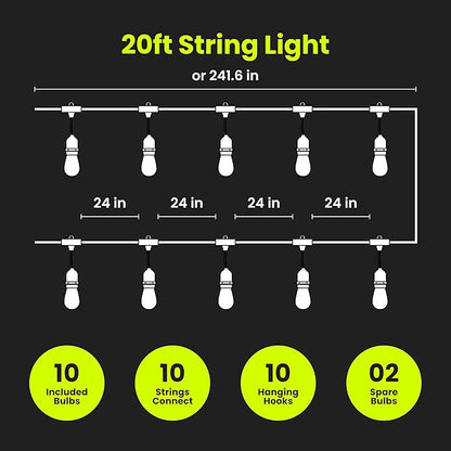 Feit Electric LED String Lights, 20ft Commercial Grade and Shatter Resistant String Lights with 10 Outdoor Sockets, Linkable, 15,000-Hour Lifetime, Wet Rated, SL20-10/FIL, 12 Bulbs Included