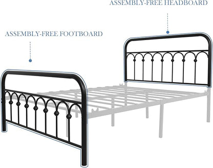 YALAXON Vintage Sturdy Full Size Metal Bed Frame Basic with Headboard and Footboard,No Box Spring Needed,Under Bed Storage (Full,Black)