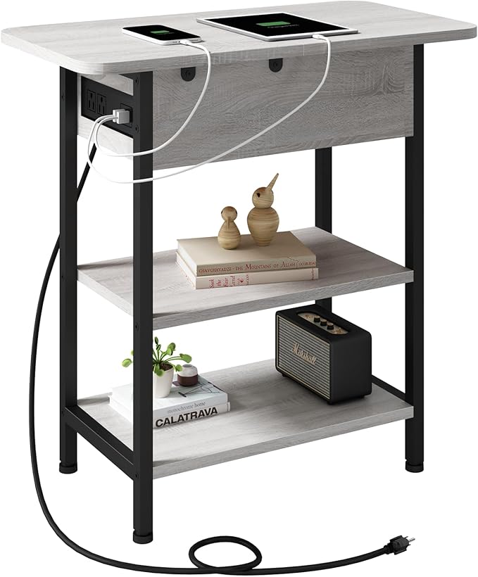 LIDYUK End Table with Charging Station, Flip Top Side Table with USB Ports and Outlets, Nightstand for Small Spaces, Bedside Tables with Storage Shelf for Living Room, Bedroom, Light Grey