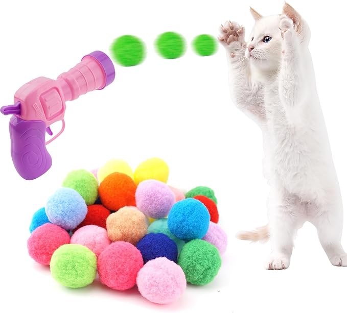 31Pcs Cat Ball Toy Launcher, 30Pcs Plush Fuzzy Balls, Cat Fetch Toy Gun Shooter for Indoor Kittens-Mewly Pet